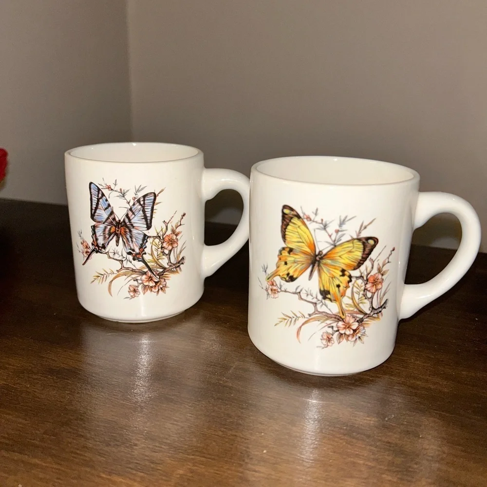 Vintage mid century cottage core butterfly mugs
